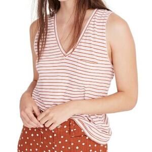 Madewell Whisper Cotton V-Neck Pocket Tank Top Pink Stripe Women's XS